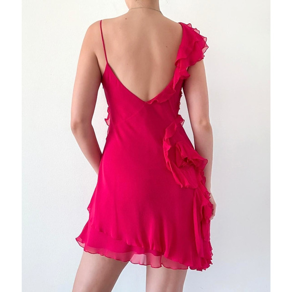 NWT Karen Millen Mini Silk Dress Fuchsia Ruffle Tiered Pink Asymmetric 10 M - Picture 2 of 10
